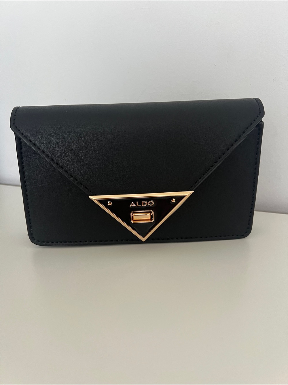 Aldo Black Envelope Clutch with Gold Triangle Accent